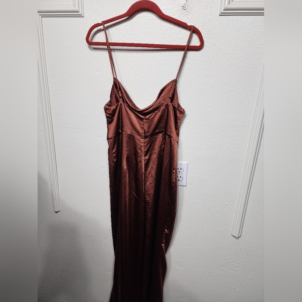 Lulus Perfect Night Brown Satin Cowl Neck Culotte Jumpsuit S Wedding Party - Picture 10 of 12